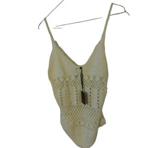 Poof Crochet White BoHo Sexy Vibes One Piece White Eyelet Design Bodysuit Sz.M